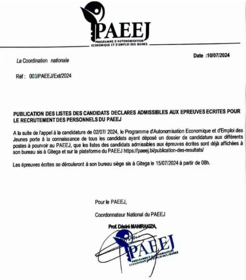 Résultats du Recrutement PAEEJ 2024