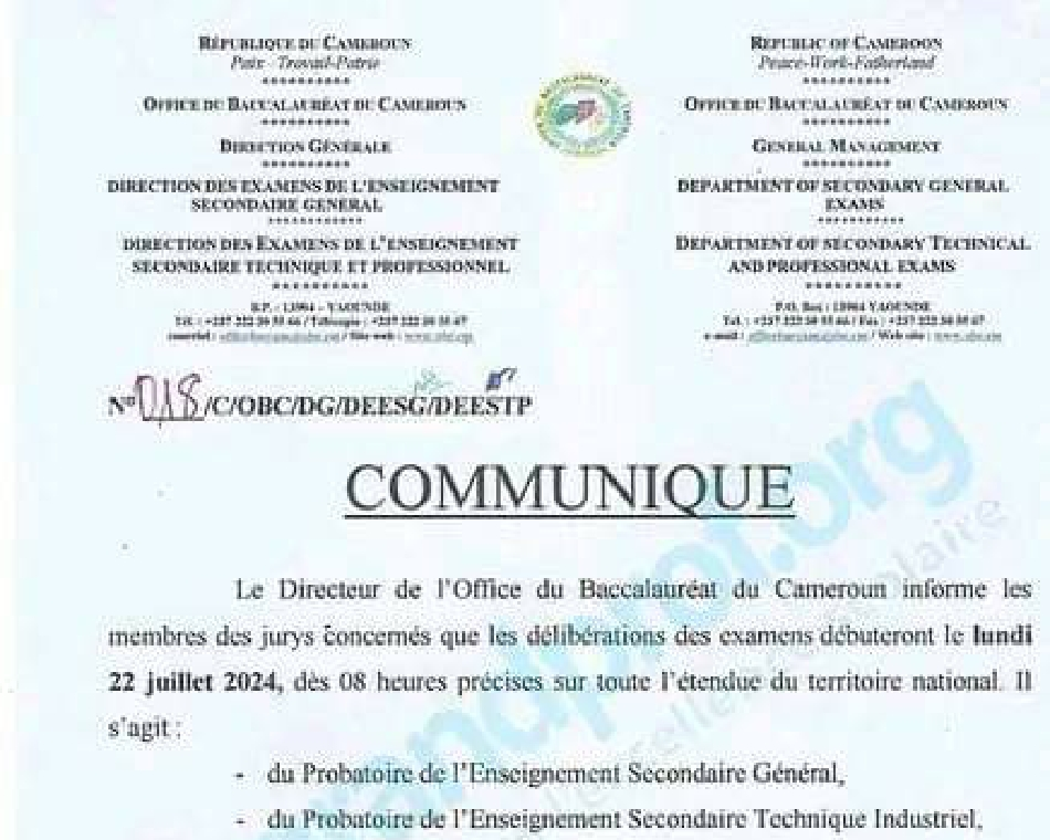 Début des délibérations des examens du Probatoire au Cameroun le 22 juillet 2024