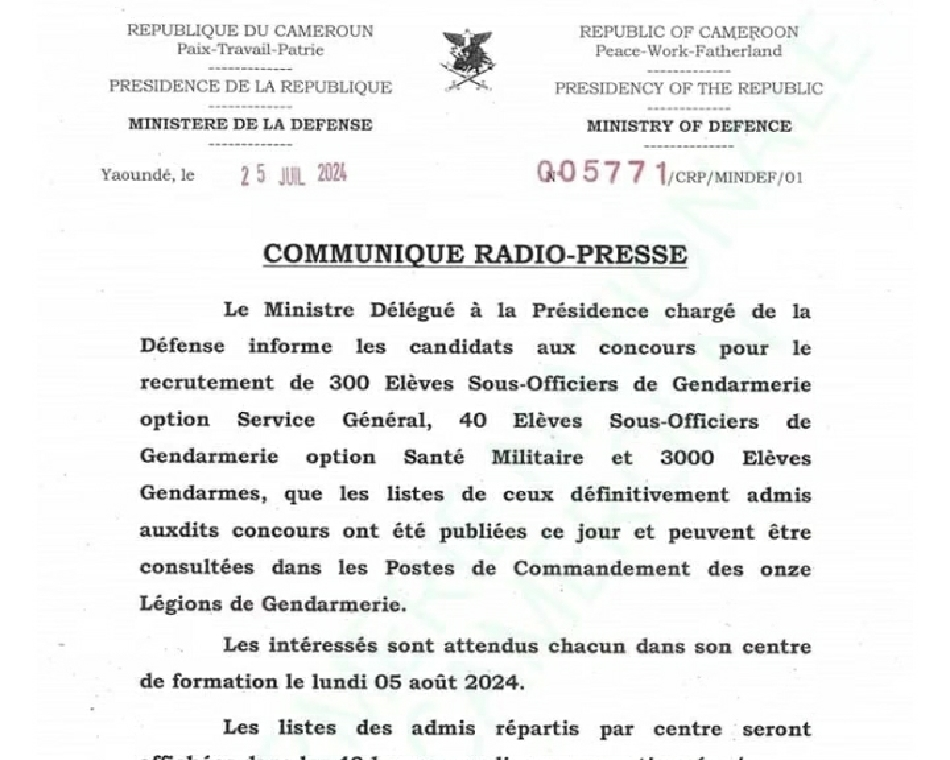 Liste complète des candidats admis au recrutement de 3000 élèves Gendarmes et 300 Sous-Officiers session 2024