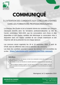 Concours d'entrée en formations professionnalisantes au COMORE